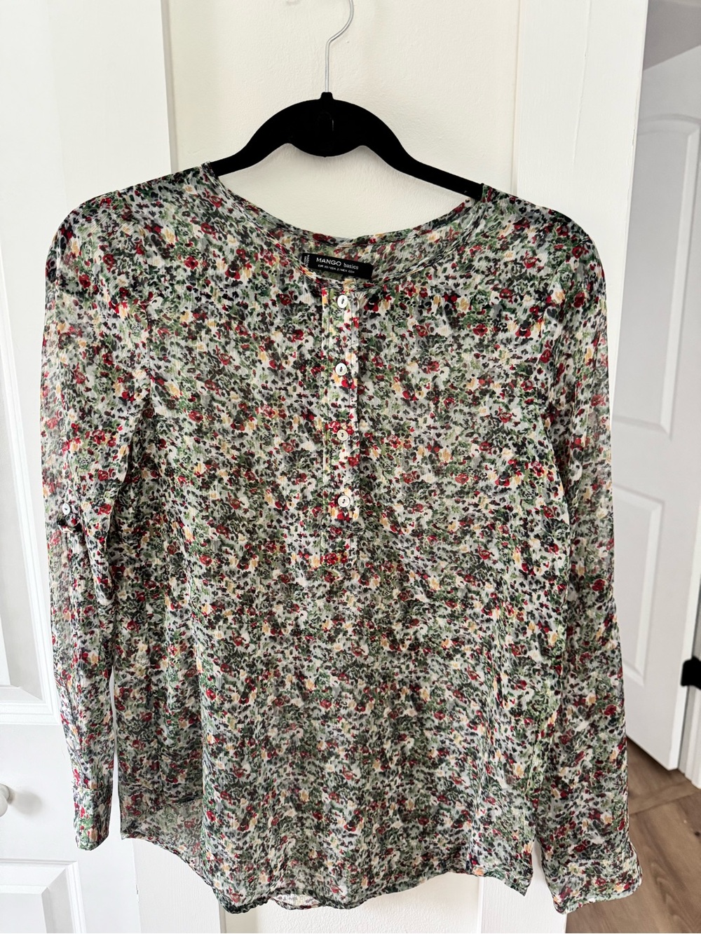 Mango Multi-Color Floral Henley Long Sleeve Top
